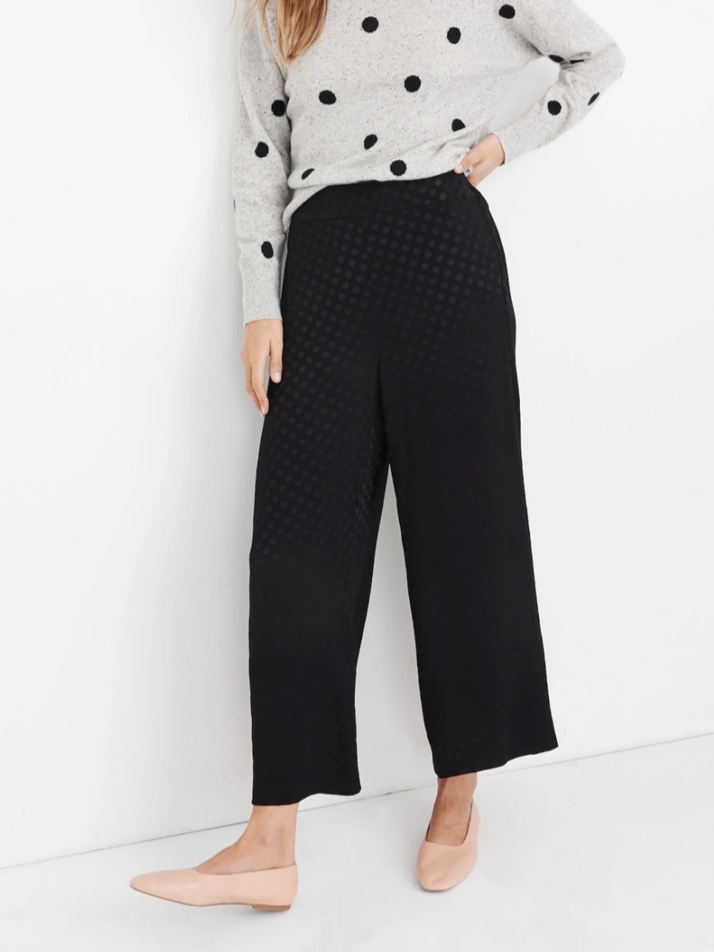 Madewell Drapey Jacquard Huston Pull On Crop Pants Polka Dot Black